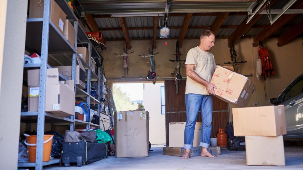 man in a garage clearing out some things
